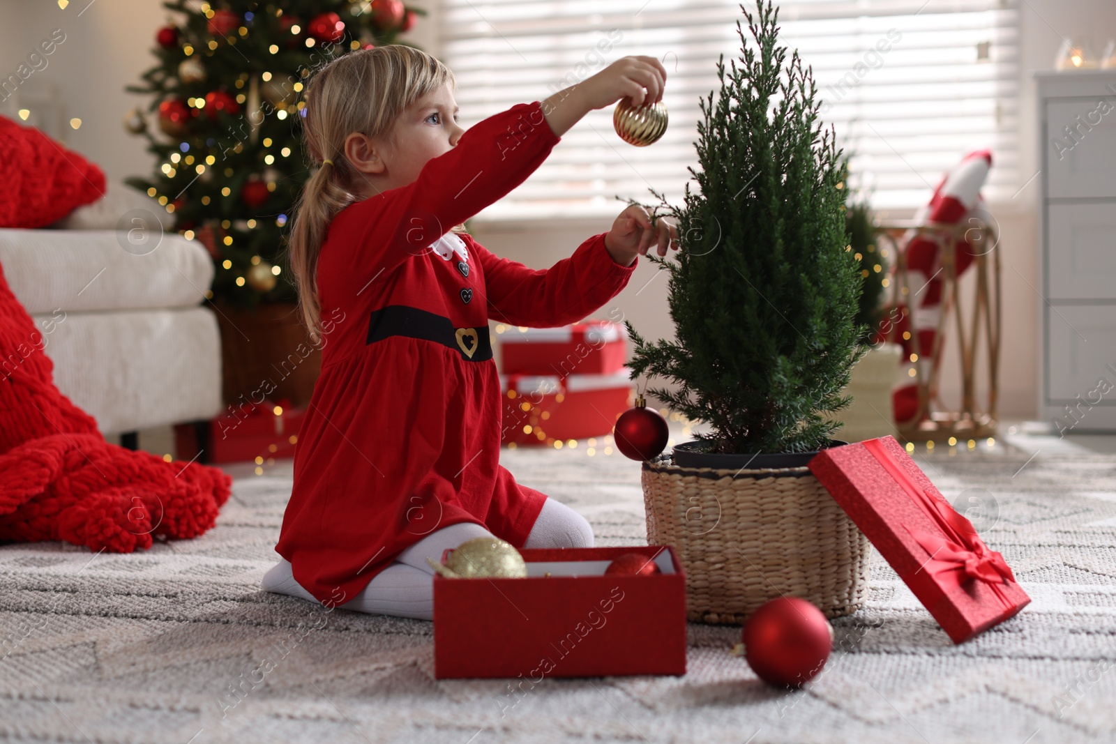 Photo of Little girl in Christmas costume with gift box decorating small tree at home