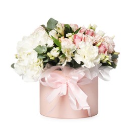 Photo of Bouquet of beautiful flowers in box isolated on white