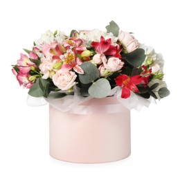 Photo of Bouquet of beautiful flowers in box isolated on white