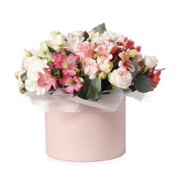 Photo of Bouquet of beautiful flowers in box isolated on white