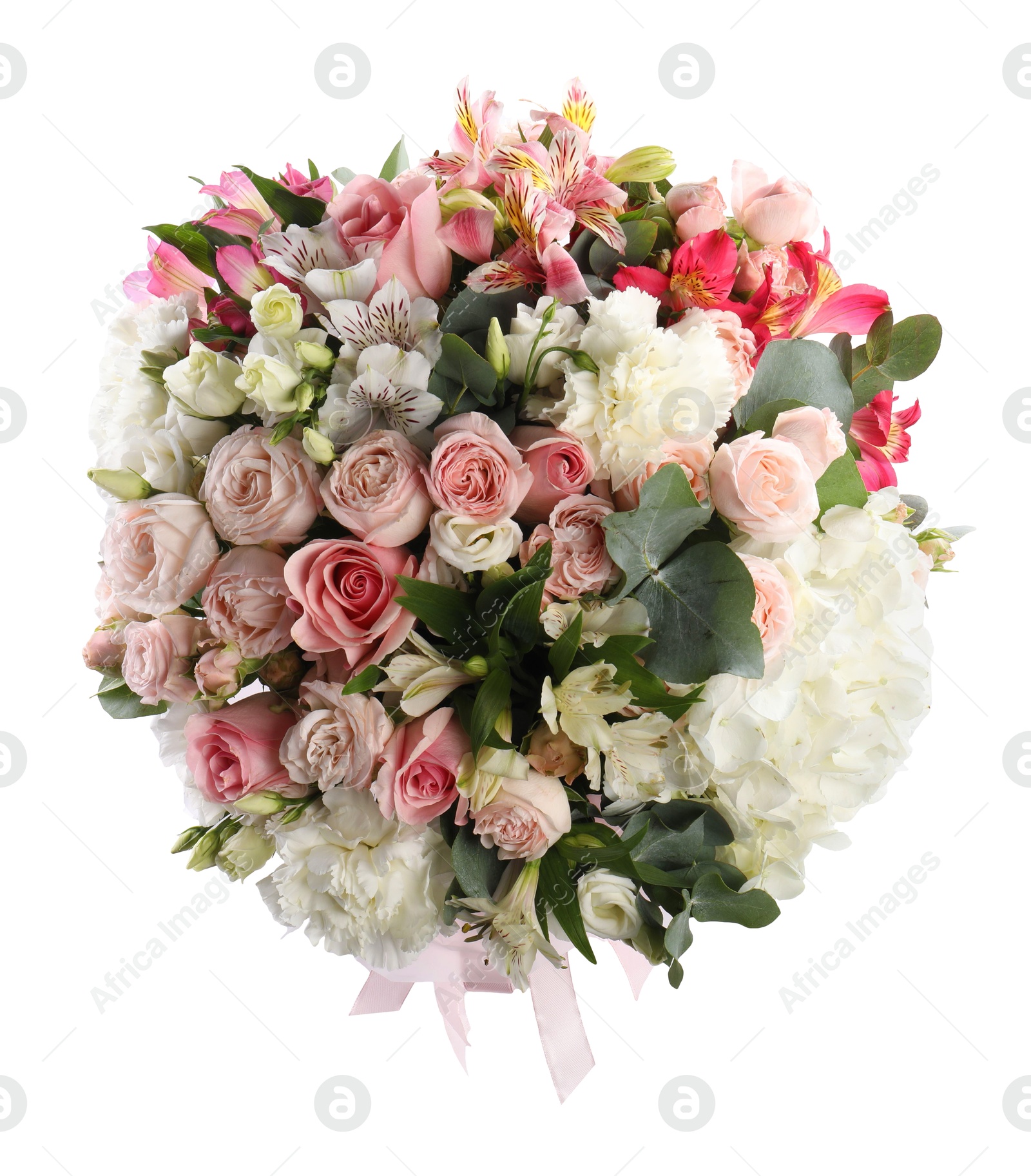 Photo of Bouquet of beautiful flowers isolated on white, top view