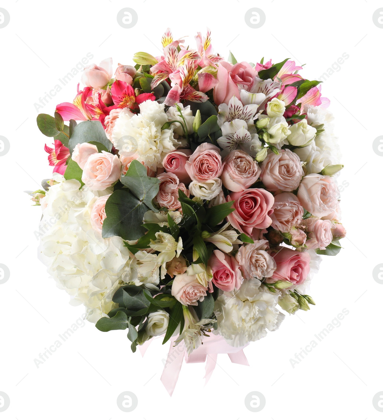 Photo of Bouquet of beautiful flowers isolated on white, top view