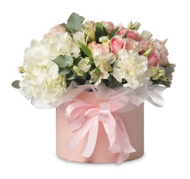 Photo of Bouquet of beautiful flowers in box isolated on white