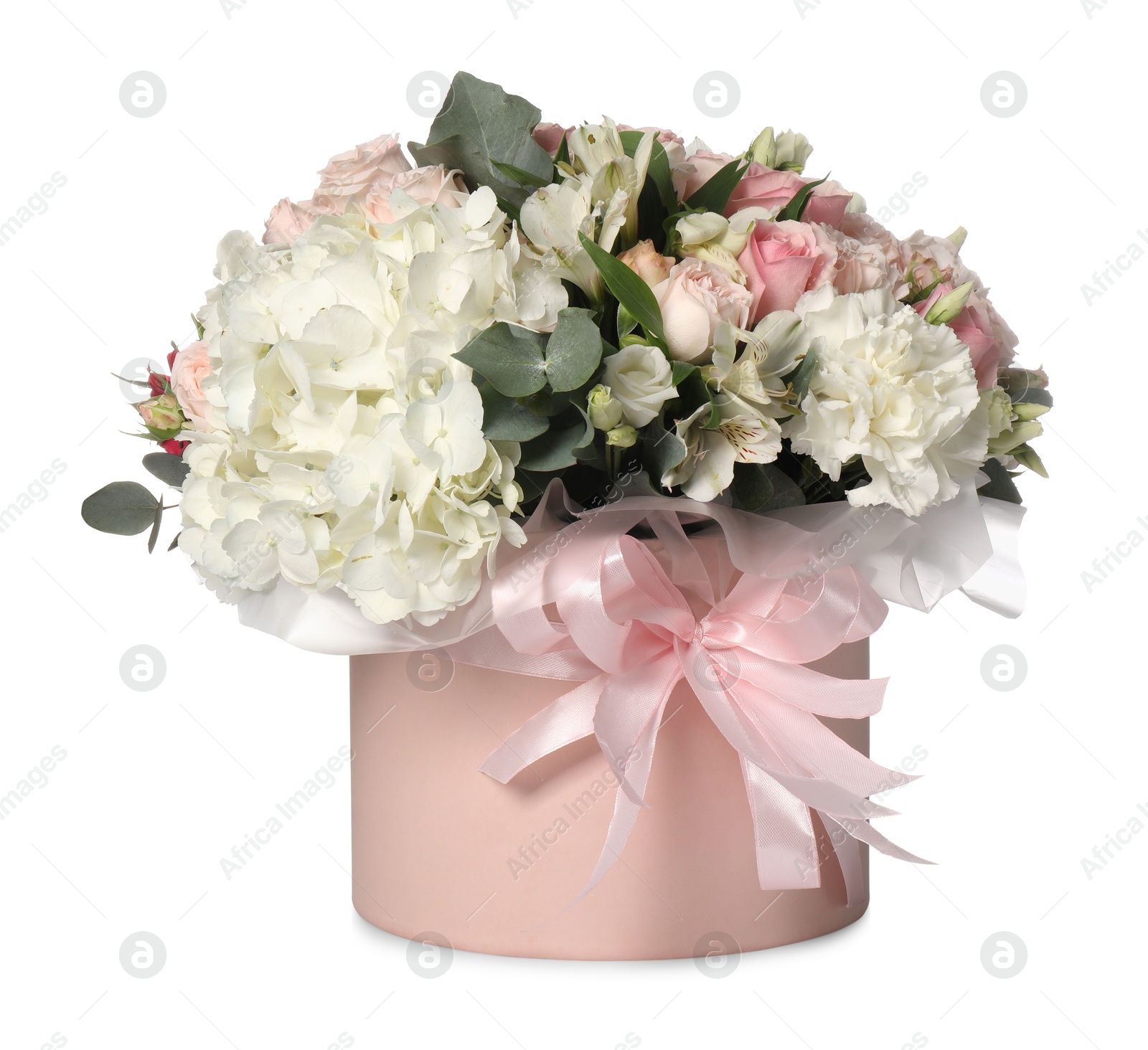 Photo of Bouquet of beautiful flowers in box isolated on white