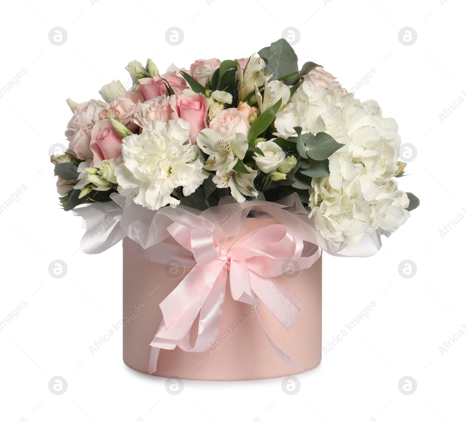 Photo of Bouquet of beautiful flowers in box isolated on white