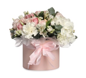 Photo of Bouquet of beautiful flowers in box isolated on white