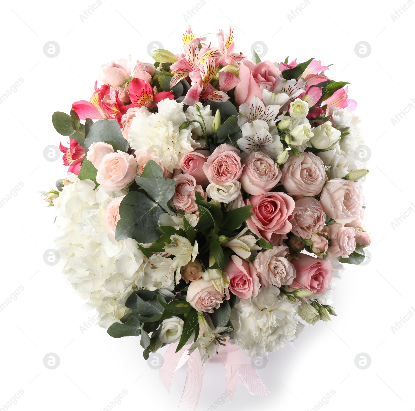 Photo of Bouquet of beautiful flowers isolated on white, top view