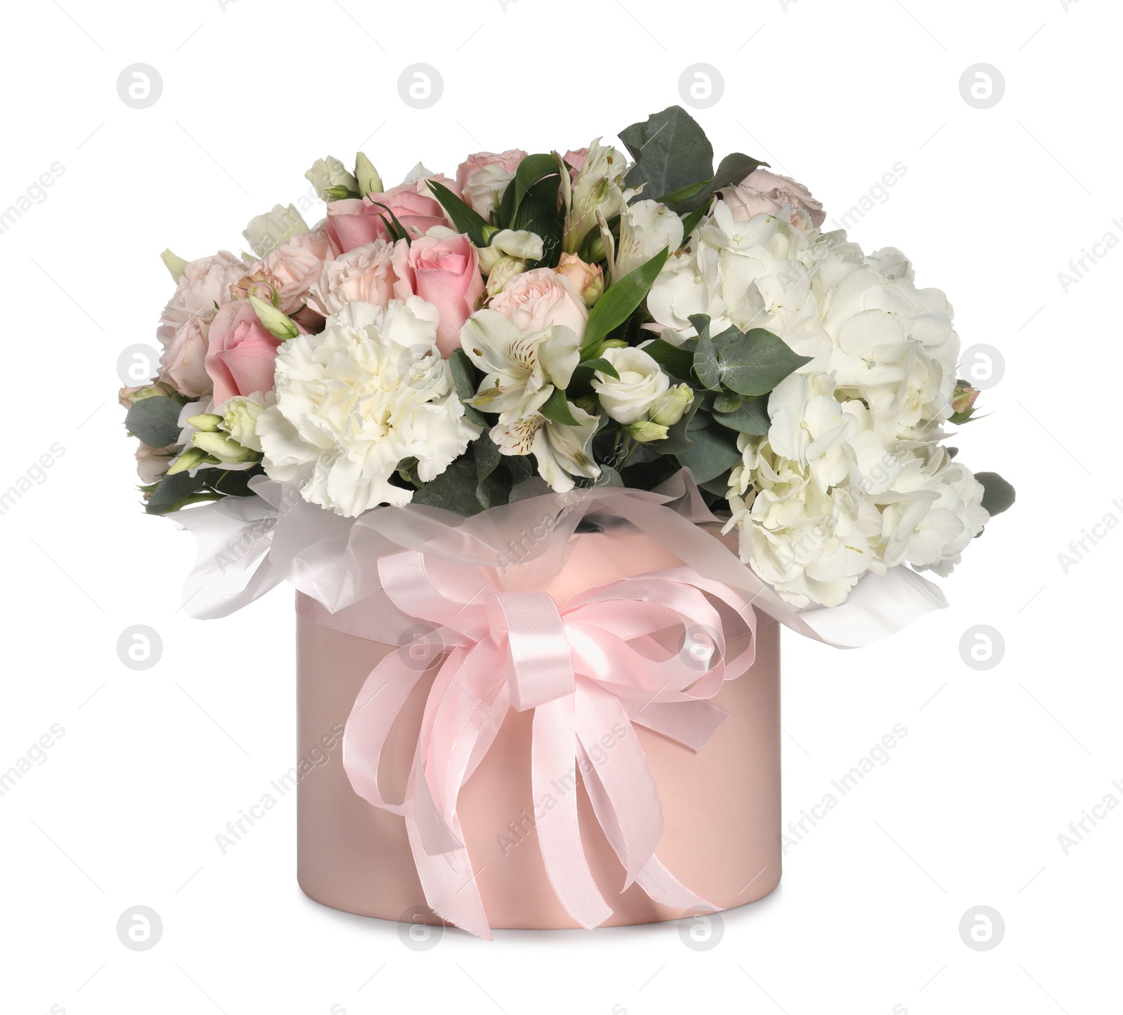 Photo of Bouquet of beautiful flowers in box isolated on white