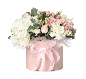 Photo of Bouquet of beautiful flowers in box isolated on white