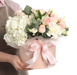 Photo of Florist with beautiful bouquet in box on white background, closeup