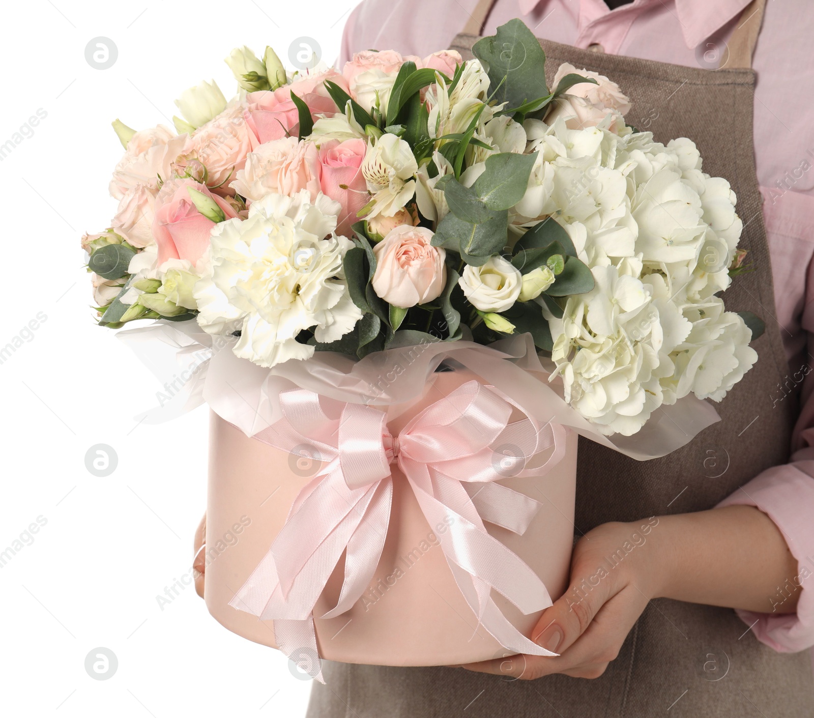 Photo of Florist with beautiful bouquet in box on white background, closeup