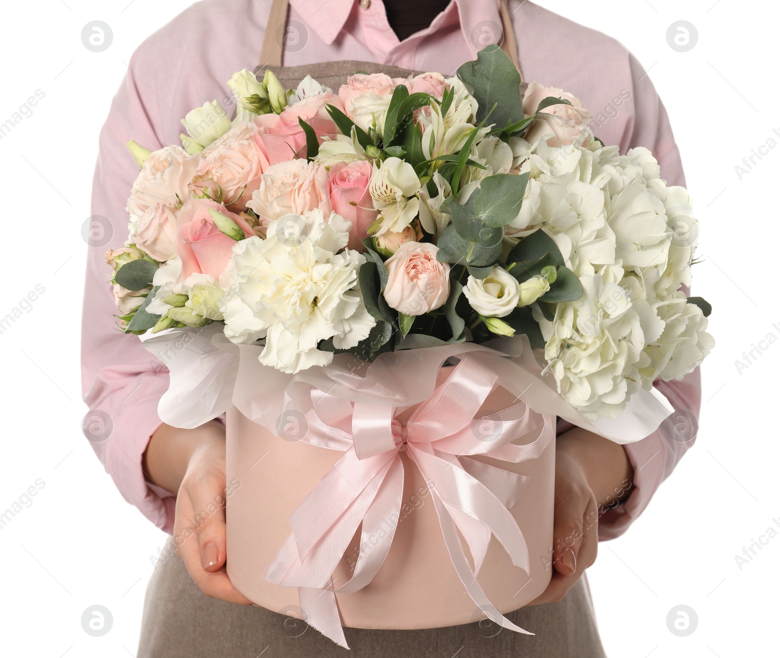 Photo of Florist with beautiful bouquet in box on white background, closeup