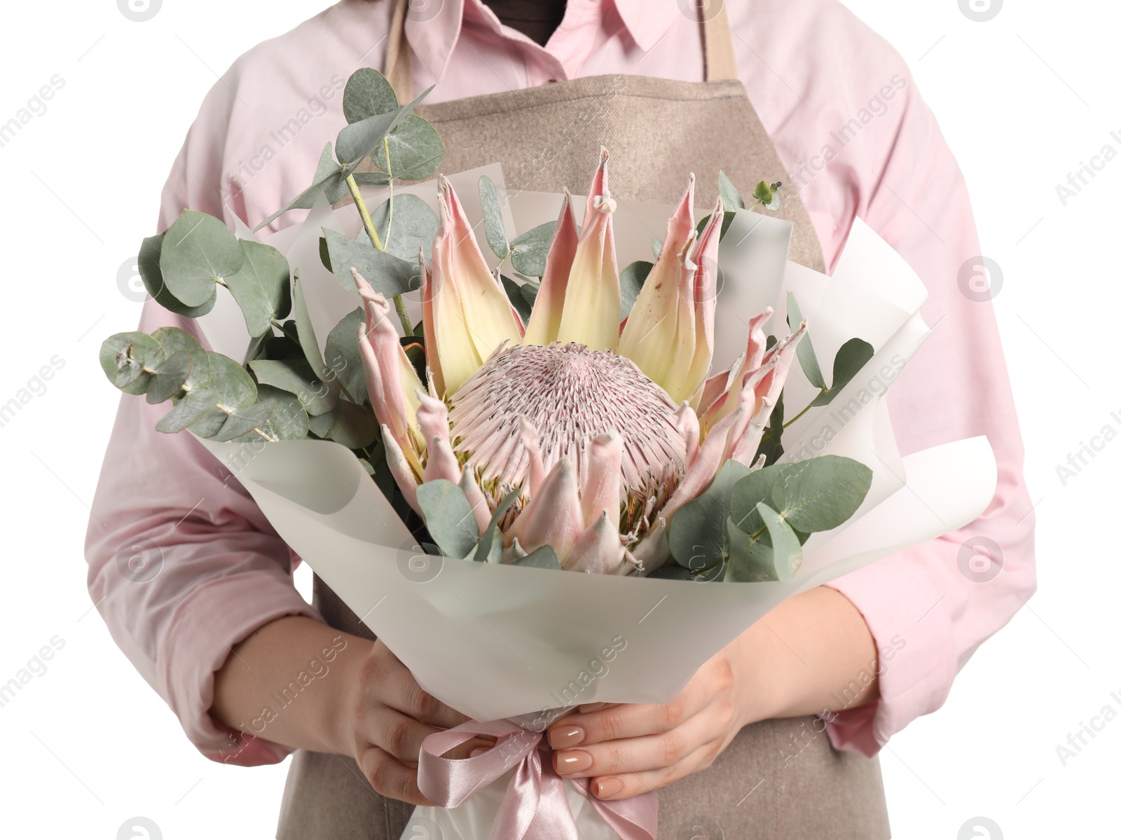 Photo of Florist with beautiful bouquet on white background, closeup