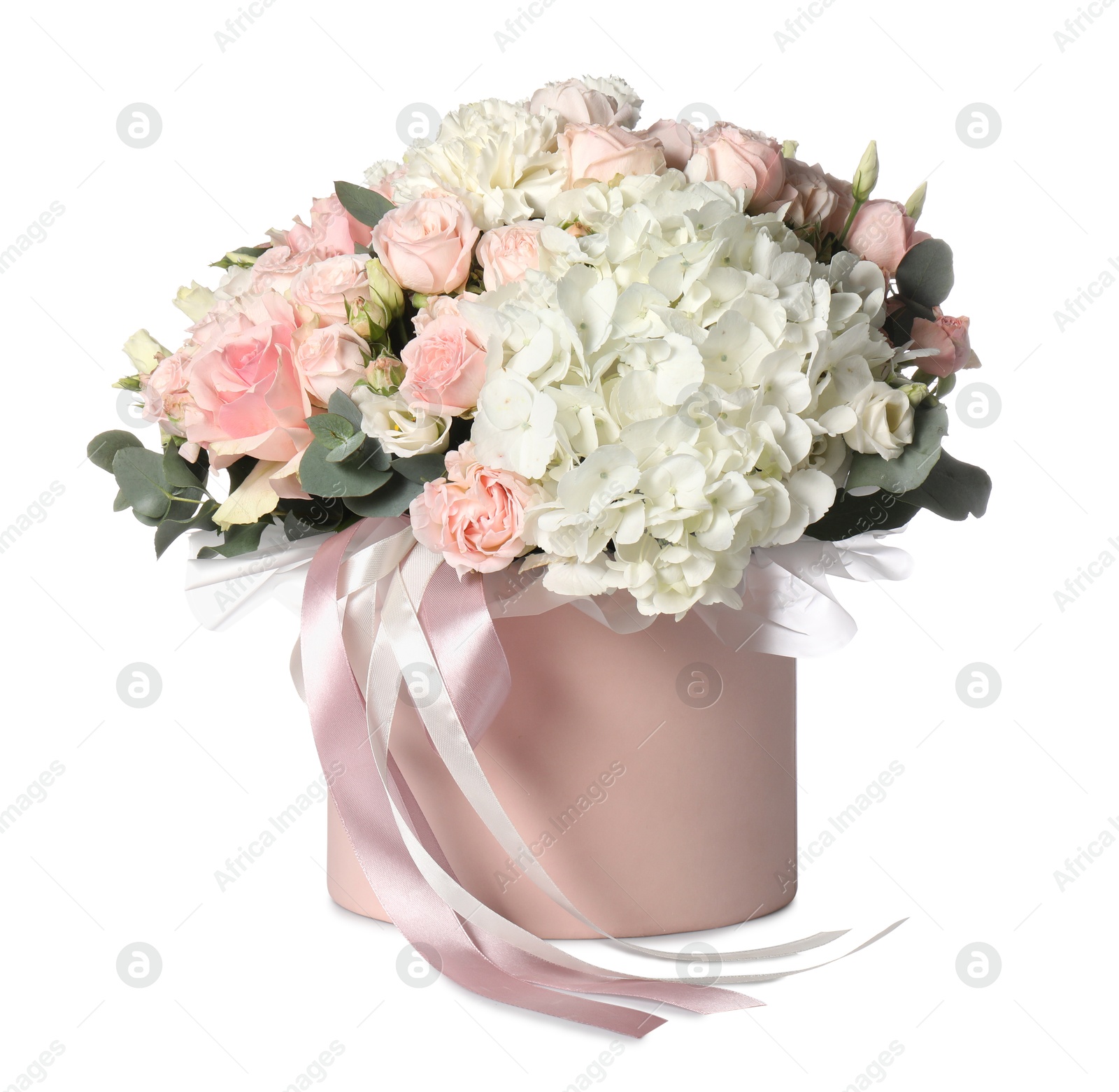 Photo of Bouquet of beautiful flowers in box isolated on white