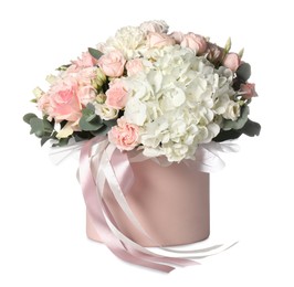 Photo of Bouquet of beautiful flowers in box isolated on white