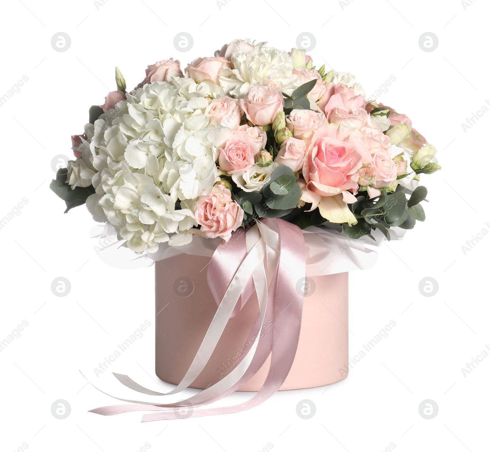 Photo of Bouquet of beautiful flowers in box isolated on white