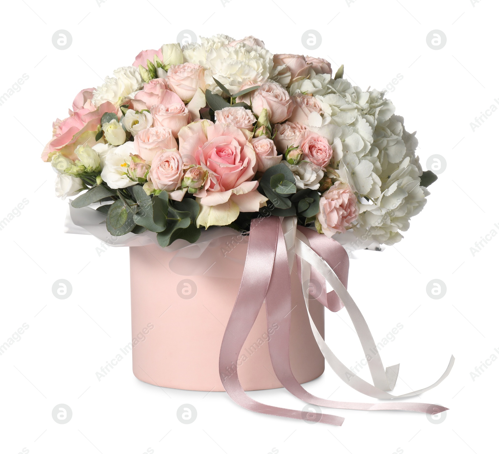 Photo of Bouquet of beautiful flowers in box isolated on white