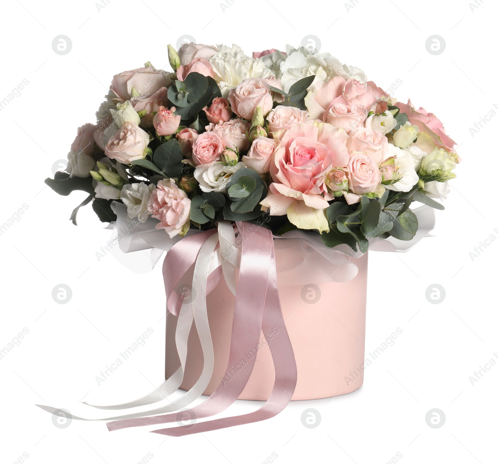 Photo of Bouquet of beautiful flowers in box isolated on white