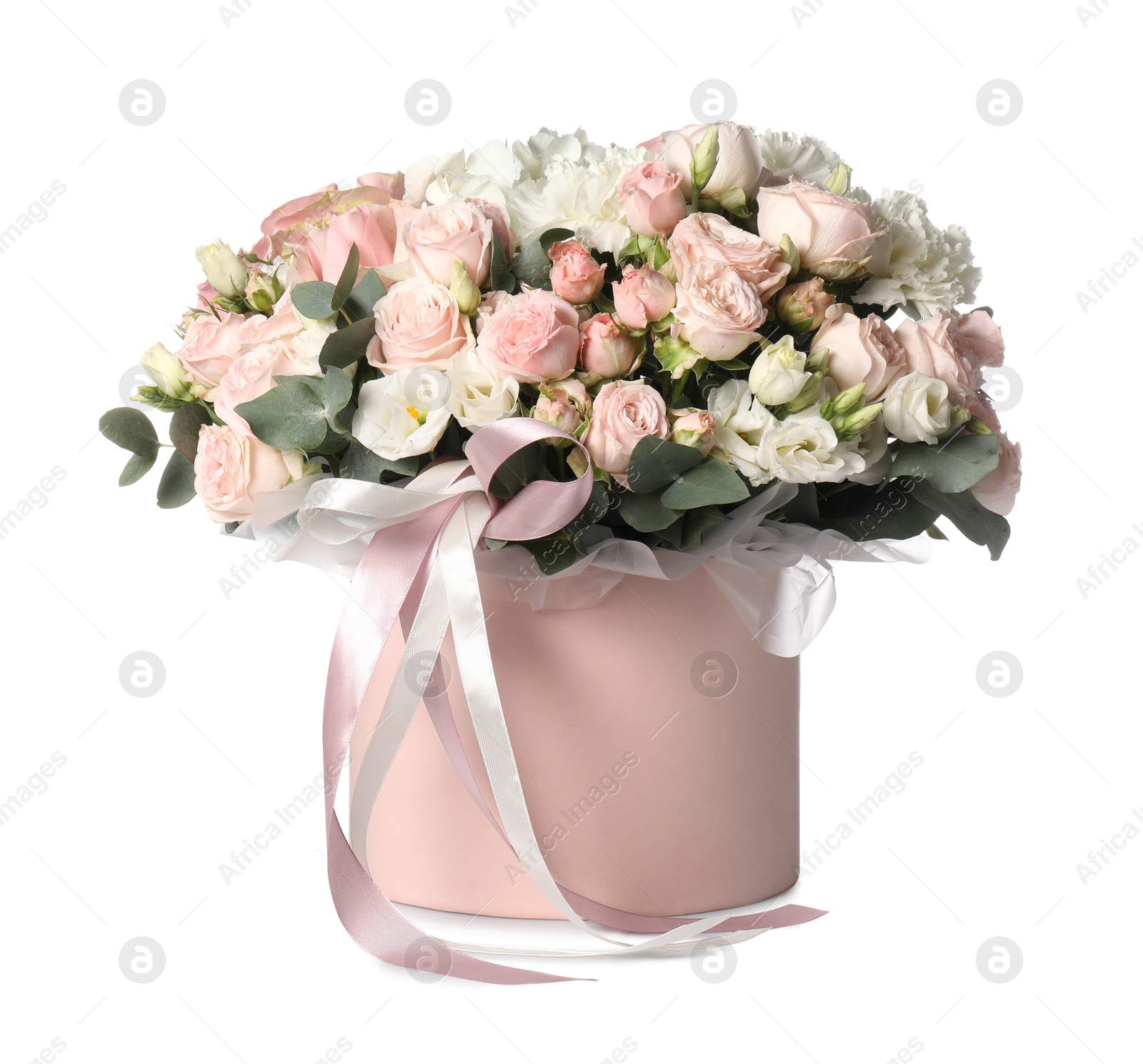 Photo of Bouquet of beautiful flowers in box isolated on white