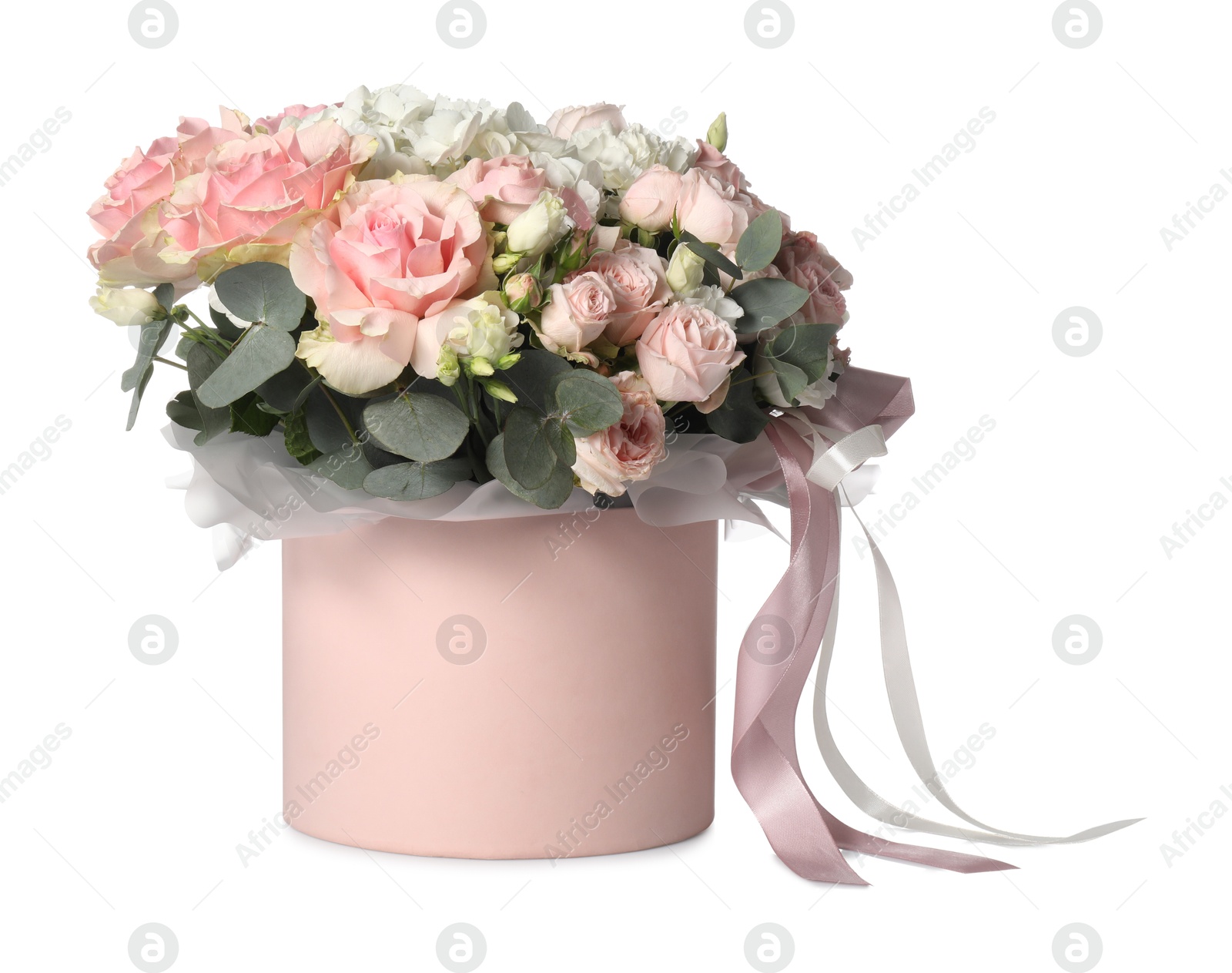 Photo of Bouquet of beautiful flowers in box isolated on white