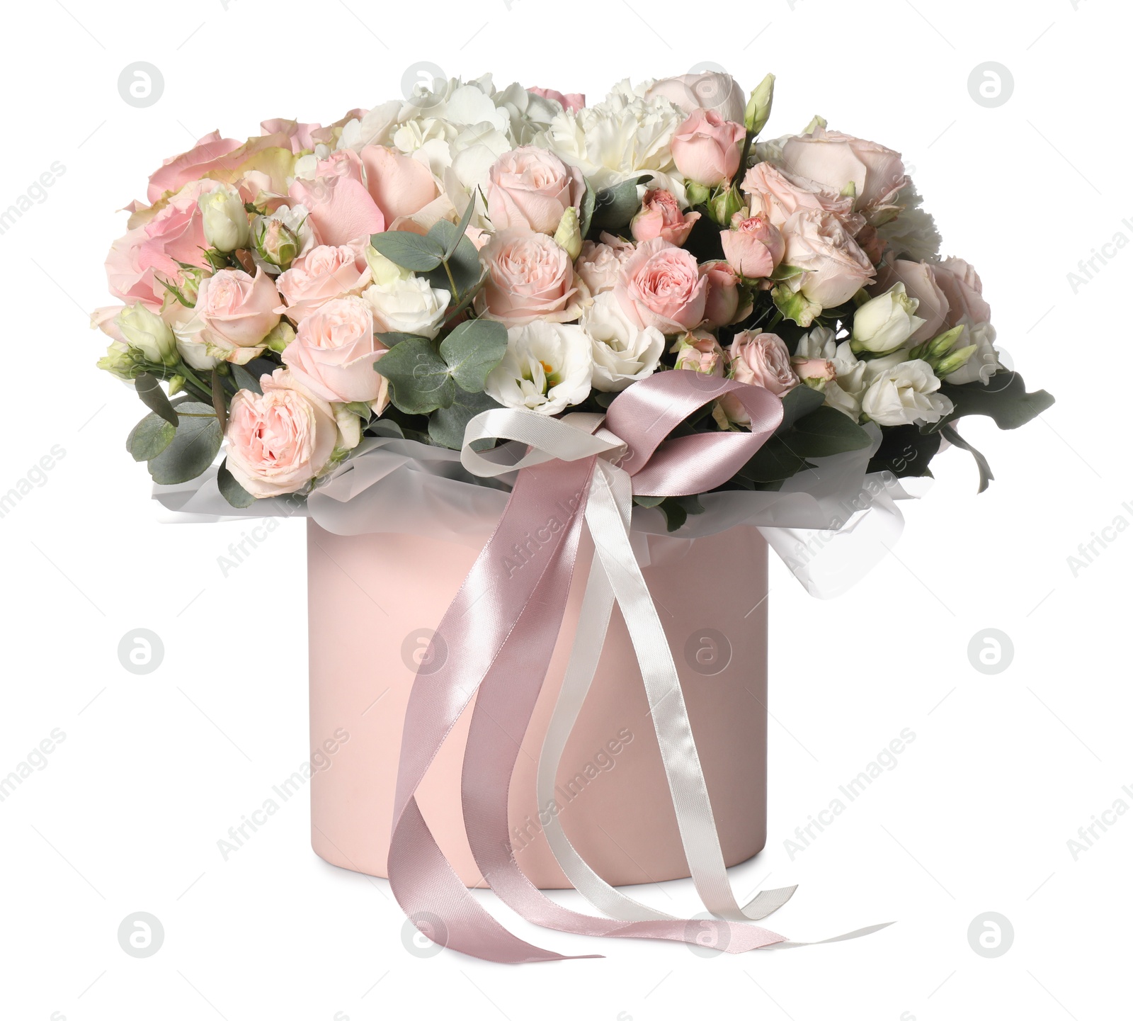 Photo of Bouquet of beautiful flowers in box isolated on white