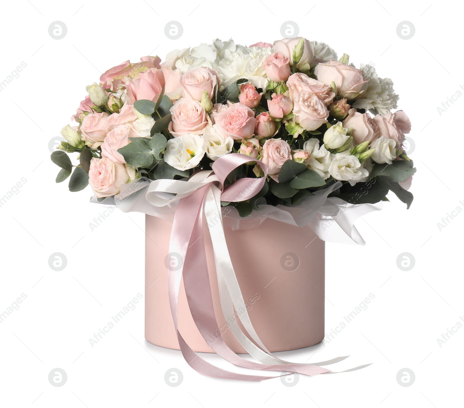 Photo of Bouquet of beautiful flowers in box isolated on white