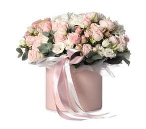 Photo of Bouquet of beautiful flowers in box isolated on white