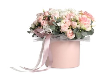 Photo of Bouquet of beautiful flowers in box isolated on white