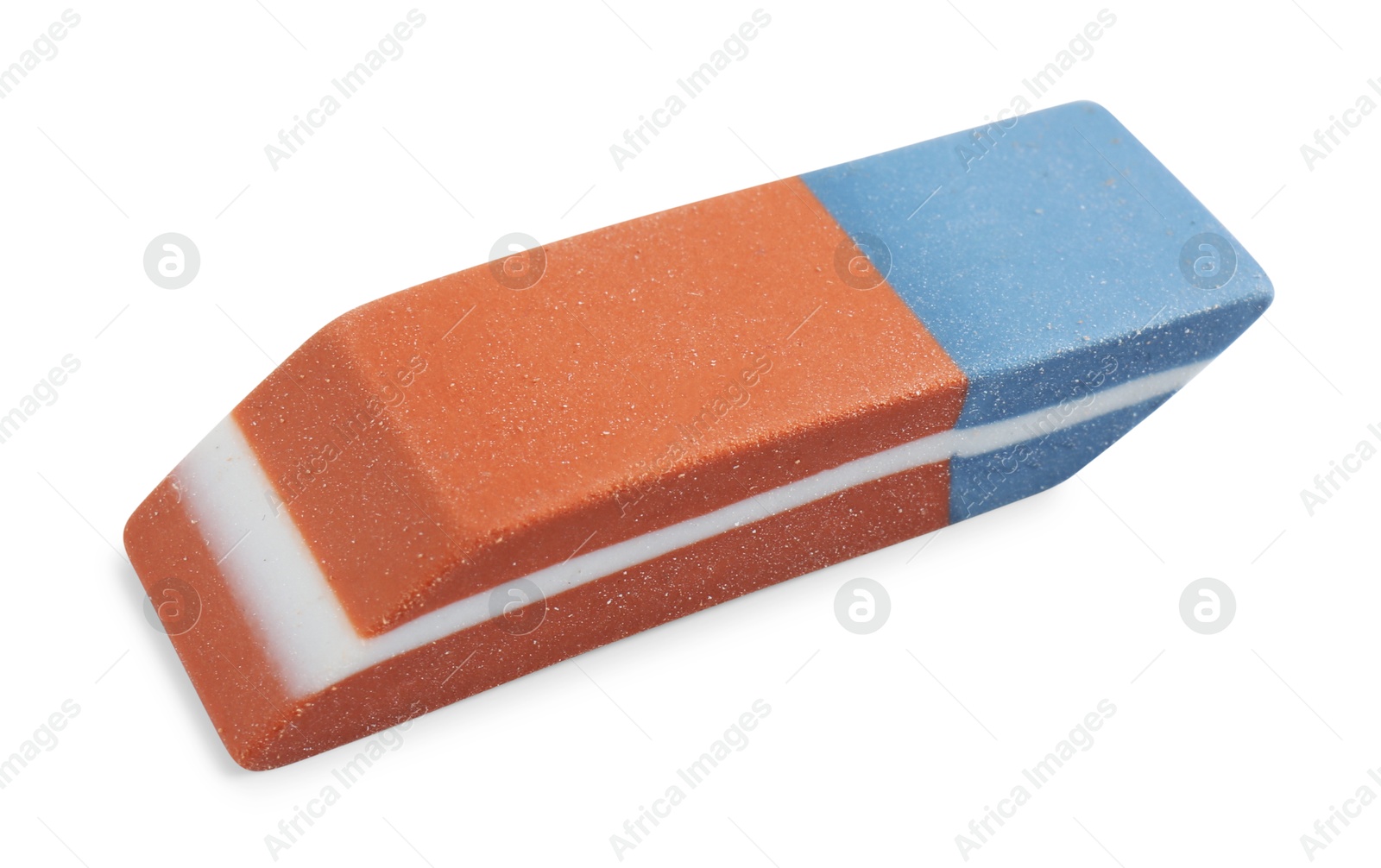 Photo of New eraser isolated on white. School stationery