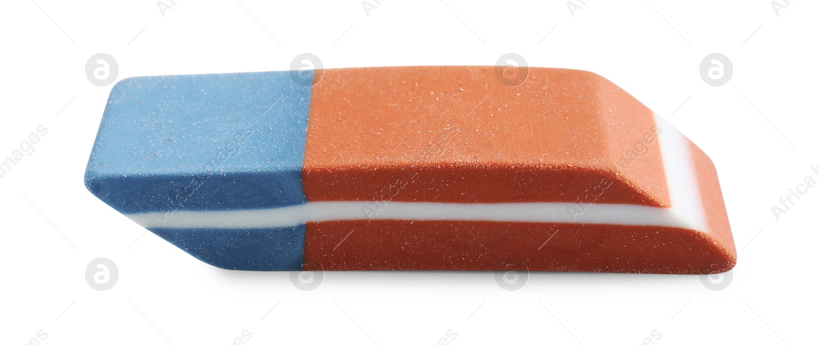 Photo of New eraser isolated on white. School stationery