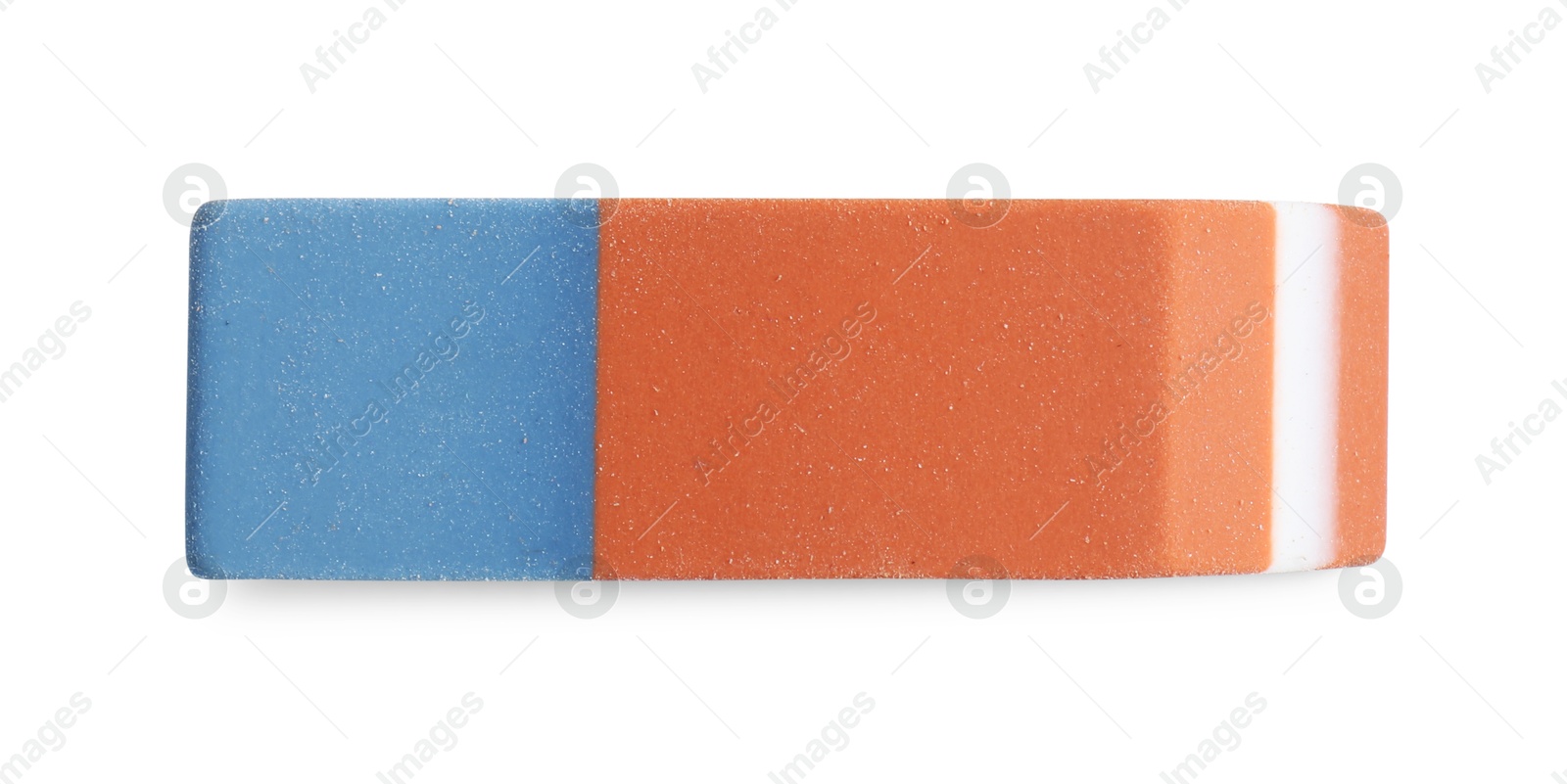 Photo of New eraser isolated on white, top view. School stationery