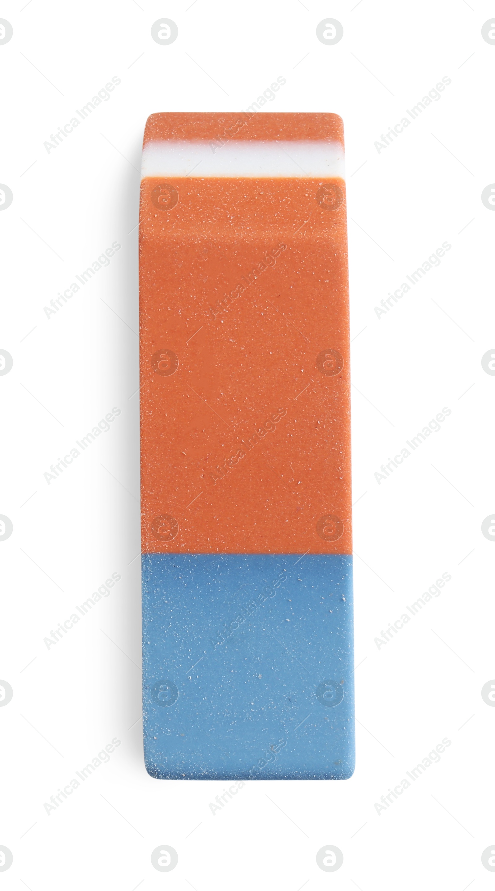 Photo of New eraser isolated on white, top view. School stationery