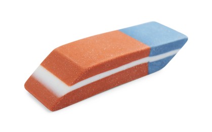 Photo of New eraser isolated on white. School stationery