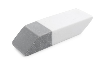 Photo of New eraser isolated on white. School stationery