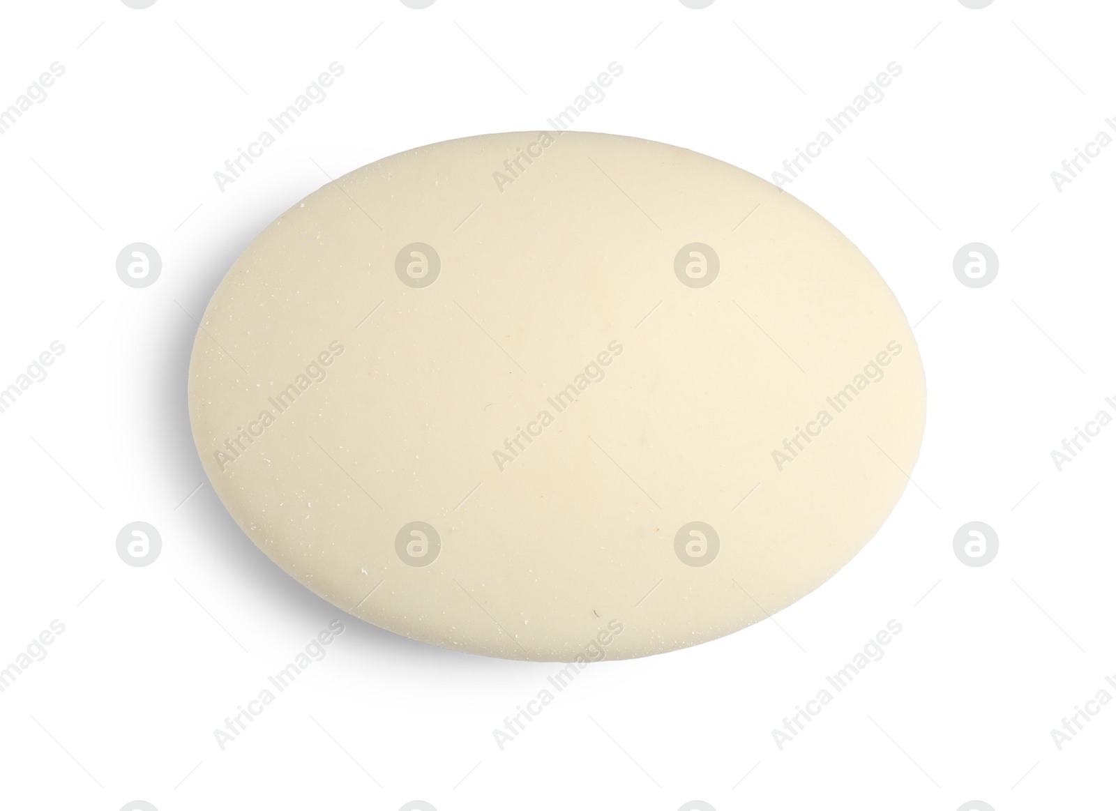 Photo of New eraser isolated on white, top view. School stationery