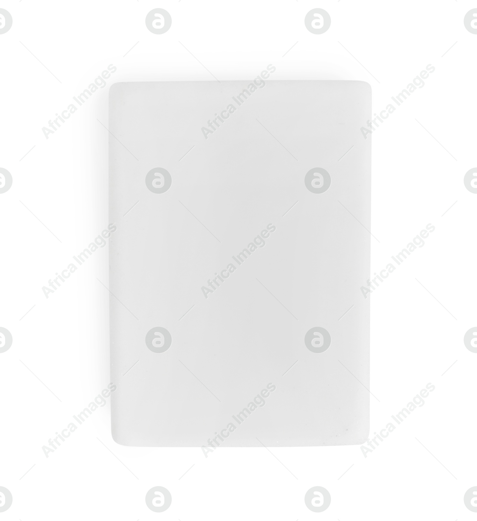 Photo of New eraser isolated on white, top view. School stationery