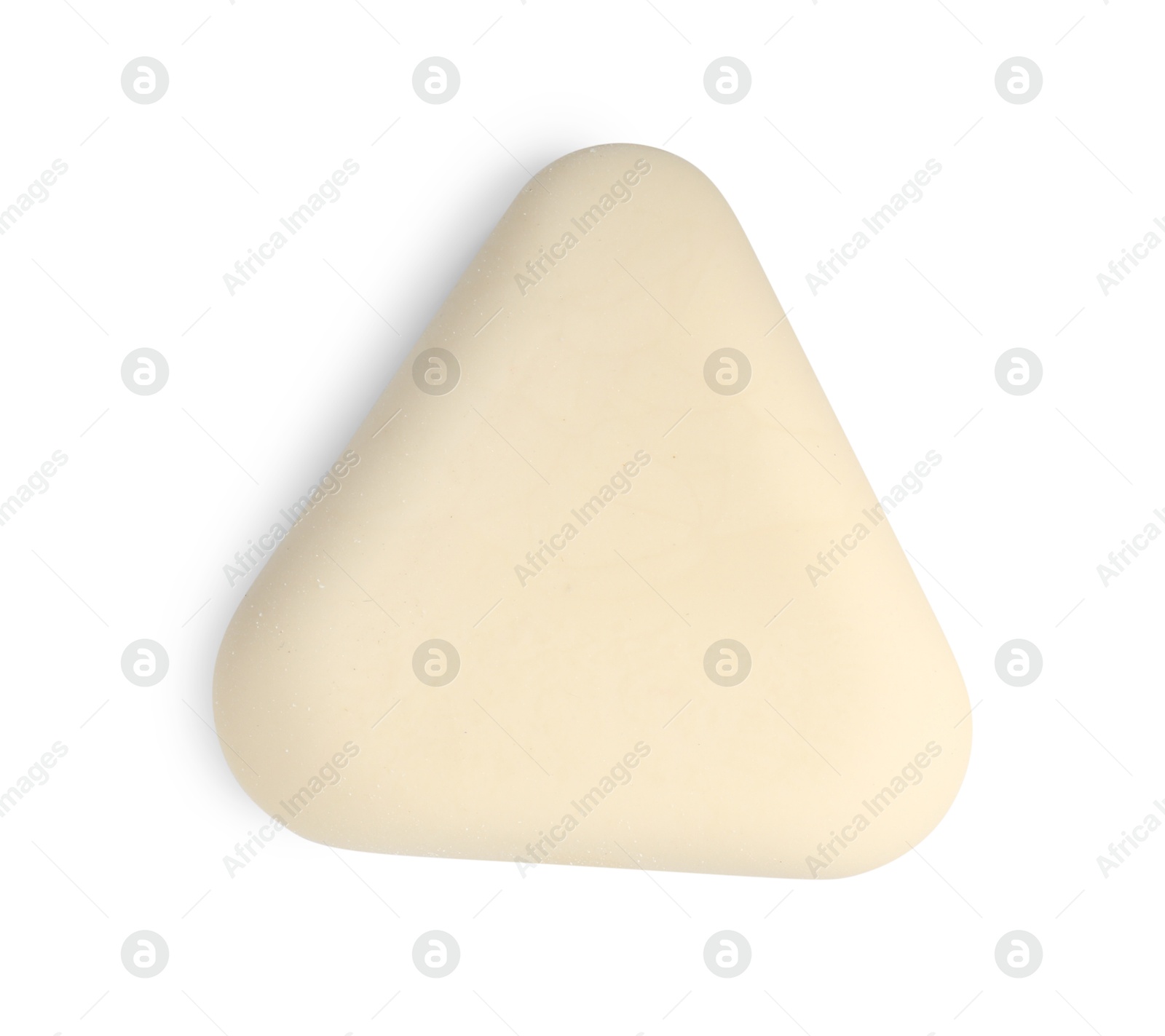 Photo of New eraser isolated on white, top view. School stationery