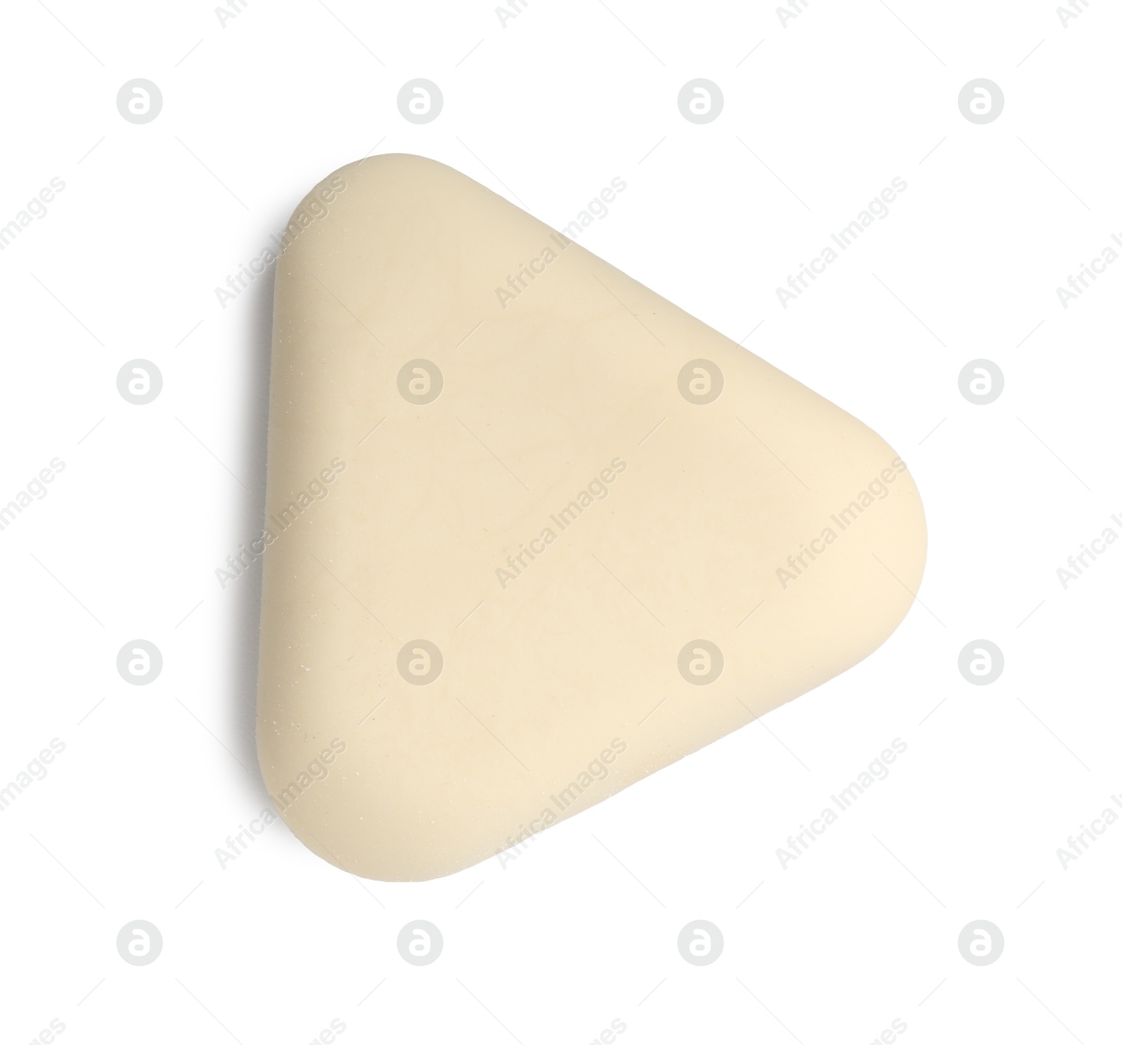 Photo of New eraser isolated on white, top view. School stationery