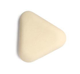 Photo of New eraser isolated on white, top view. School stationery