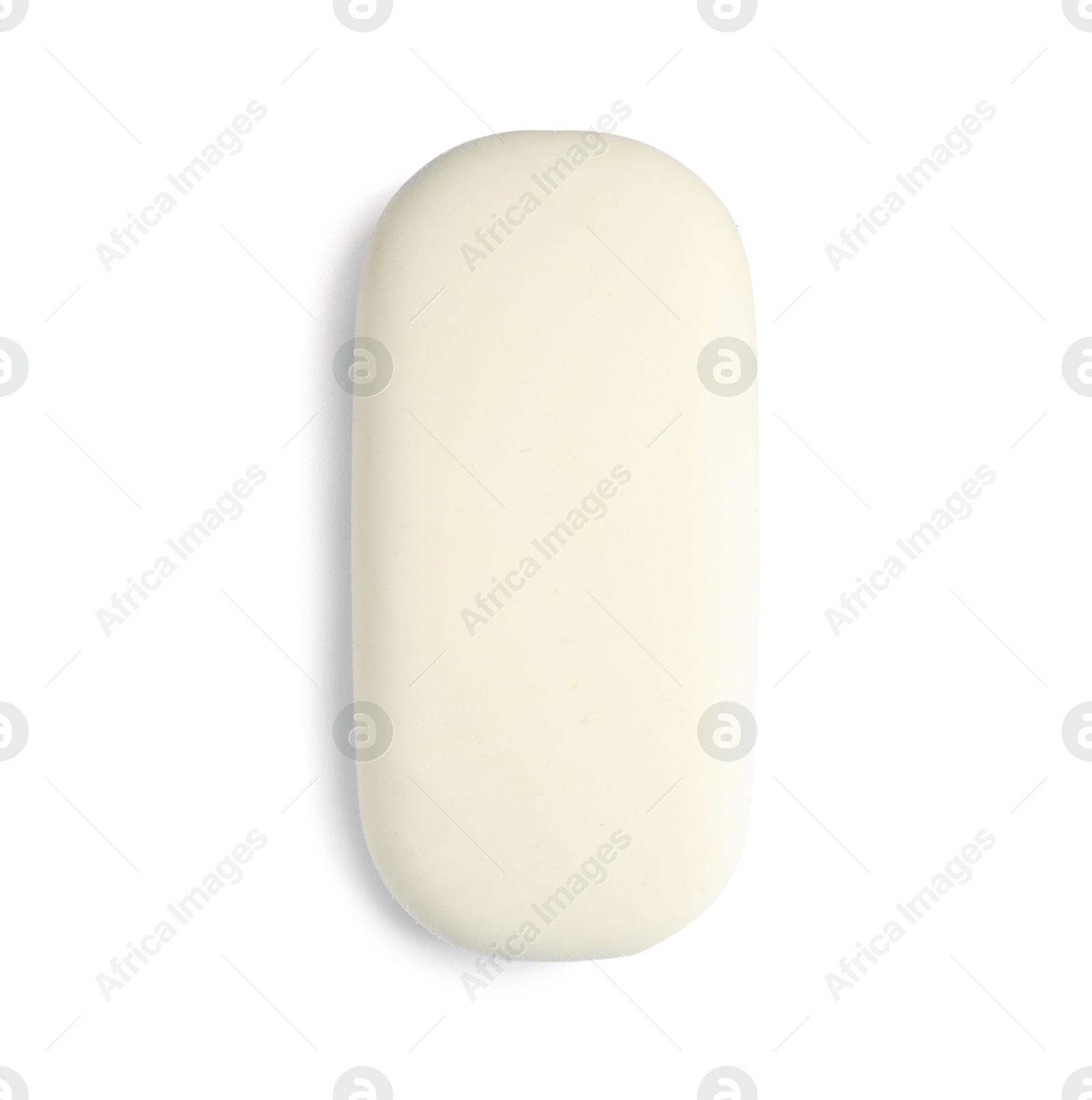 Photo of New eraser isolated on white, top view. School stationery