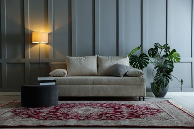 Photo of Comfortable sofa with pillows, lamp, houseplant and pouf near grey wall indoors