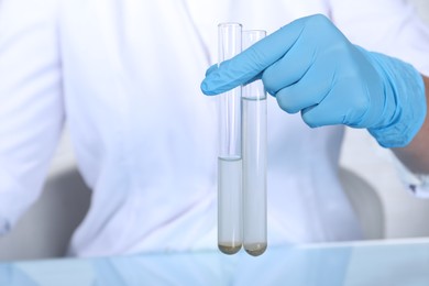 Photo of Laboratory testing. Scientist holding test tubes with samples at table indoors, closeup