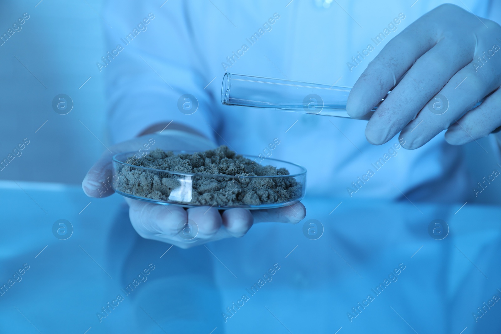 Photo of Laboratory testing. Scientist pouring liquid onto sand sample at table indoors, closeup