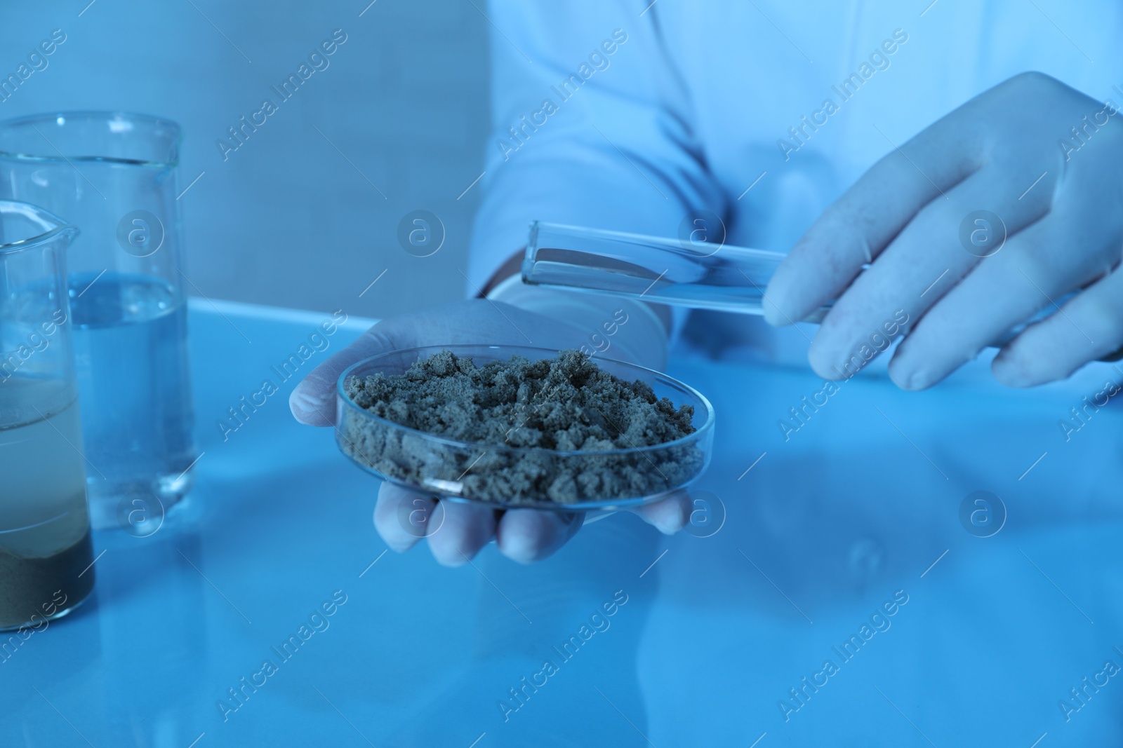 Photo of Laboratory testing. Scientist pouring liquid onto sand sample at table indoors, closeup