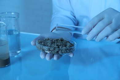 Photo of Laboratory testing. Scientist pouring liquid onto sand sample at table indoors, closeup