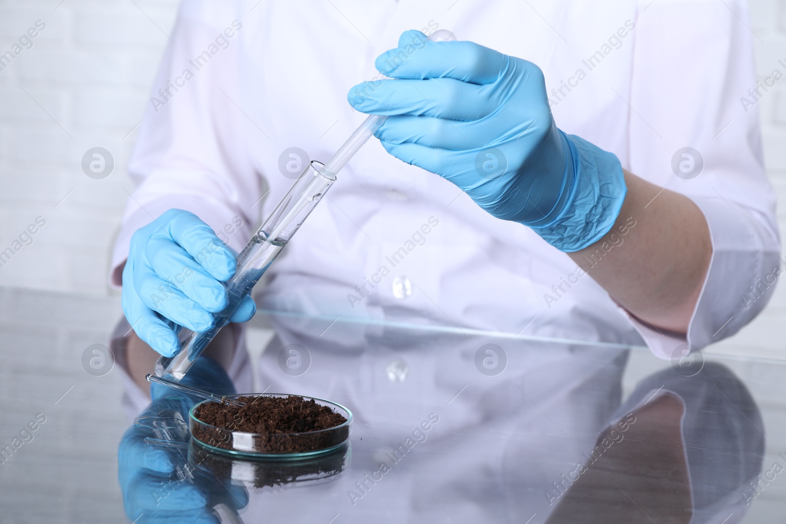 Photo of Laboratory testing. Scientist taking liquid from test tube at table indoors, closeup