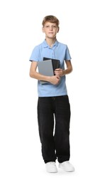 Full length portrait of teenage boy with books on white background