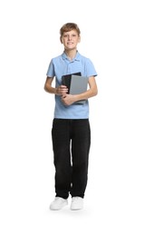 Full length portrait of teenage boy with books on white background