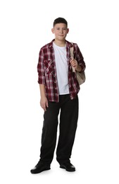 Photo of Full length portrait of teenage boy with backpack on white background