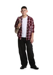 Full length portrait of teenage boy with backpack on white background